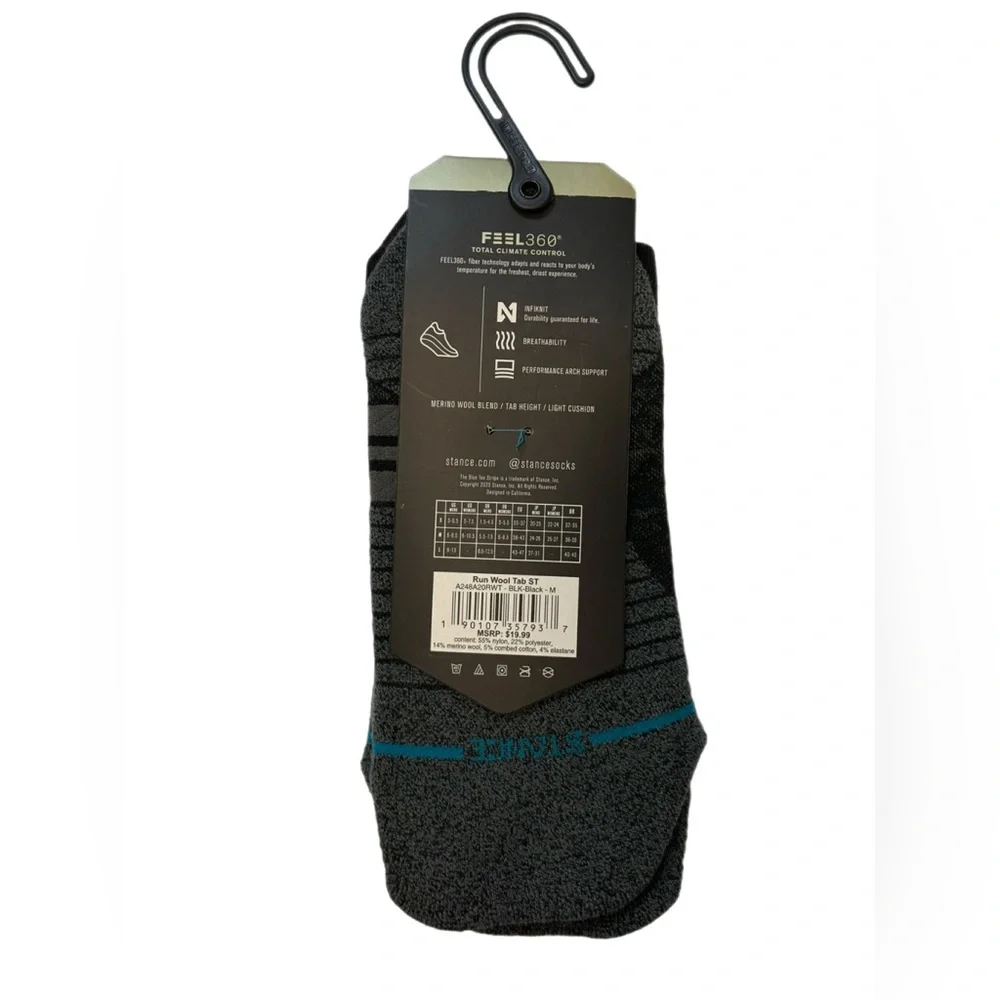 Stance Black Feel 360 Tab Height Performance Lightweight Socks Size M NWT